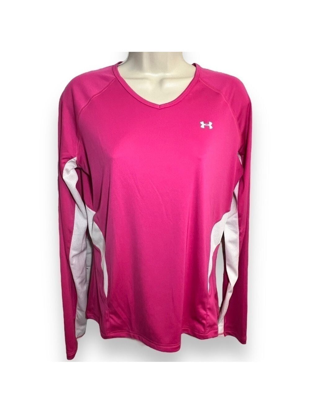UNDER Armour Women’s V-Neck Vented Long Sleeve Tee Pink and White Size Large